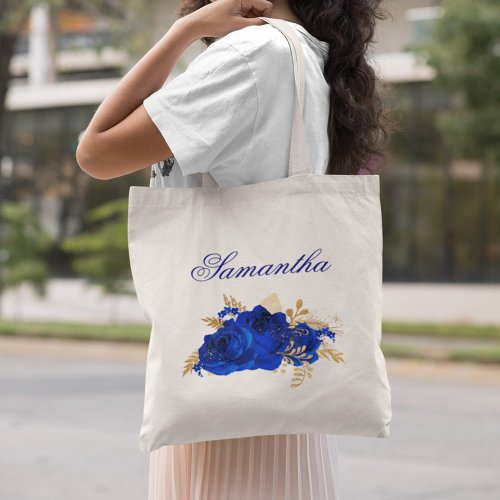 Royal Blue Gold Roses Floral Bridesmaid Tote Bag