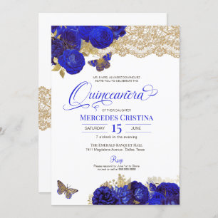 Royal Blue & Gold Roses Lace Butterfly Quinceañera Invitation