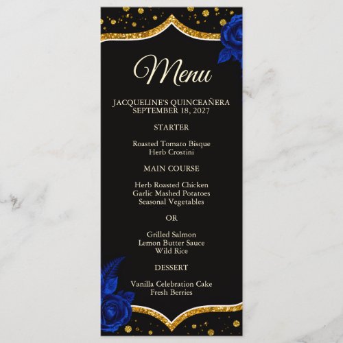 Royal Blue Gold Roses Quinceanera Menu Card