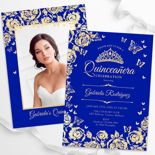 Royal Blue Gold Roses Quinceanera Photo Invitation