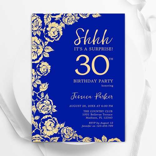 Royal Blue Gold Roses Surprise 30th Birthday Invitation