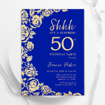 Royal Blue Gold Roses Surprise 50th Birthday Invitation<br><div class="desc">Royal Blue Gold Floral Surprise 50th Birthday Party Invitation. Elegant design featuring roses,  faux gold foil and typography script font. Trendy invite card perfect for a stylish female bday celebration. Can be customized to any age. Printed Zazzle invitations or instant download digital printable template.</div>