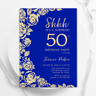 Royal Blue Gold Roses Surprise 50th Birthday Invitation