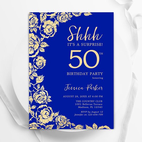 Royal Blue Gold Roses Surprise 50th Birthday Invitation