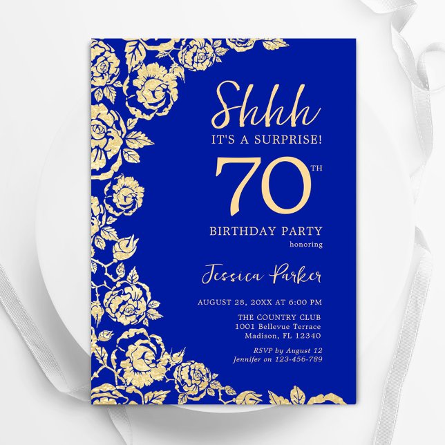 Royal Blue Gold Roses Surprise 70th Birthday Invitation (Creator Uploaded)