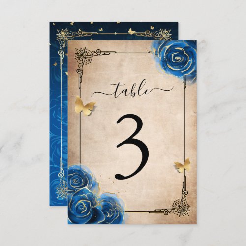 Royal Blue Gold Roses Table Number Cards 
