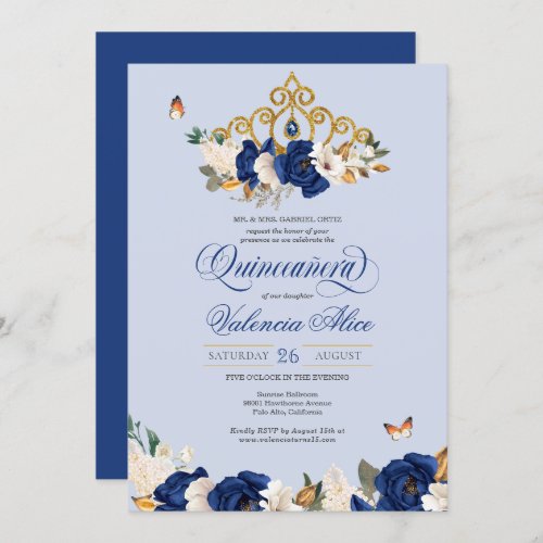 Royal Blue Gold Roses Tiara Butterfly Quinceaera Invitation