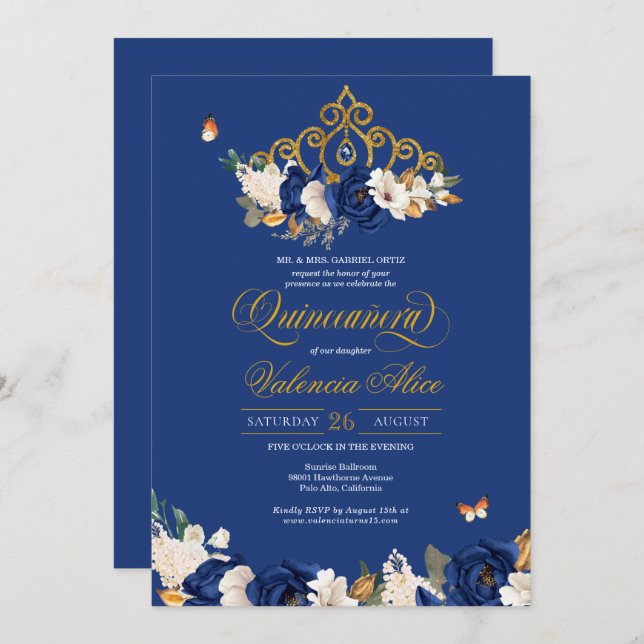 Royal Blue Gold Roses Tiara Butterfly Quinceañera Invitation (Front/Back)