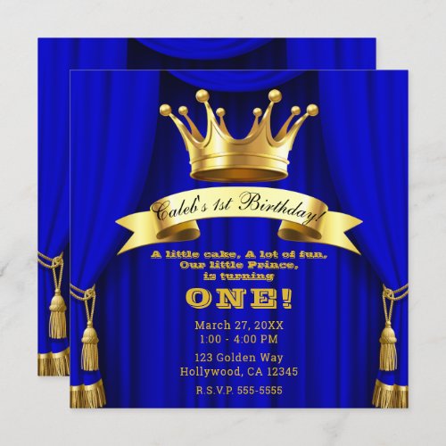 Royal Blue Gold Royal Crown Prince 1st Birthday Invitation