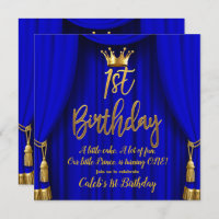 Royal Blue & Gold Royal Crown Prince 1st Birthday Invitation