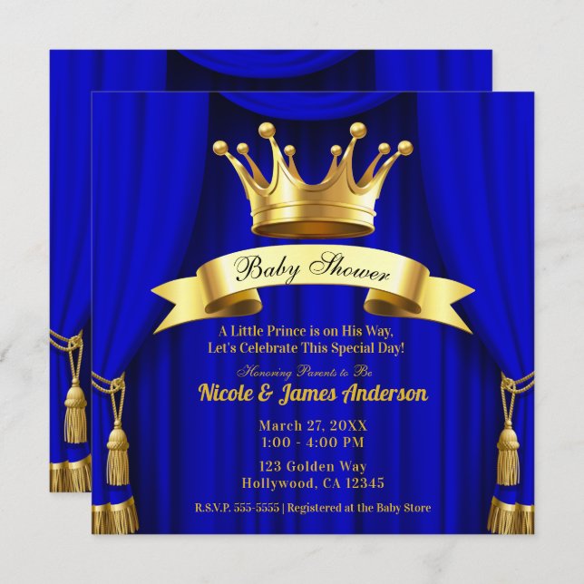 Royal Blue Gold Royal Crown Prince Baby Shower Invitation (Front/Back)