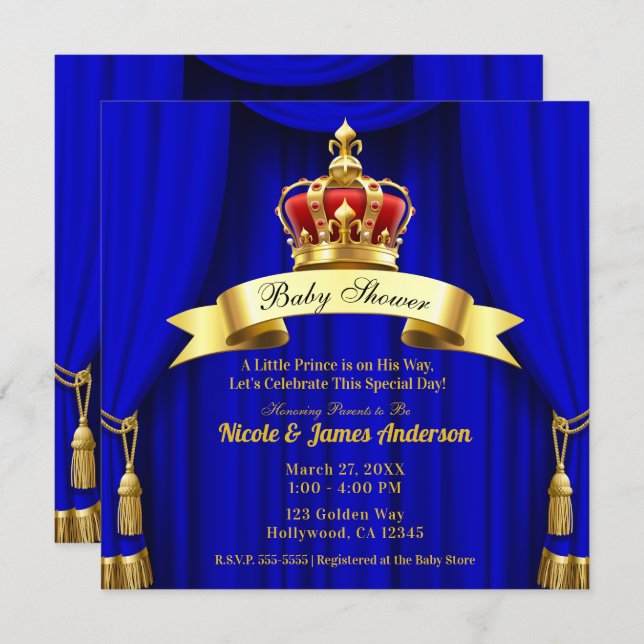 Royal Blue Gold Royal Red Crown Prince Baby Shower Invitation (Front/Back)