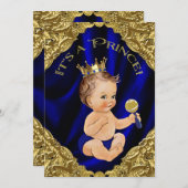 Royal Blue Gold Satin Prince Baby Shower Invitation (Front/Back)