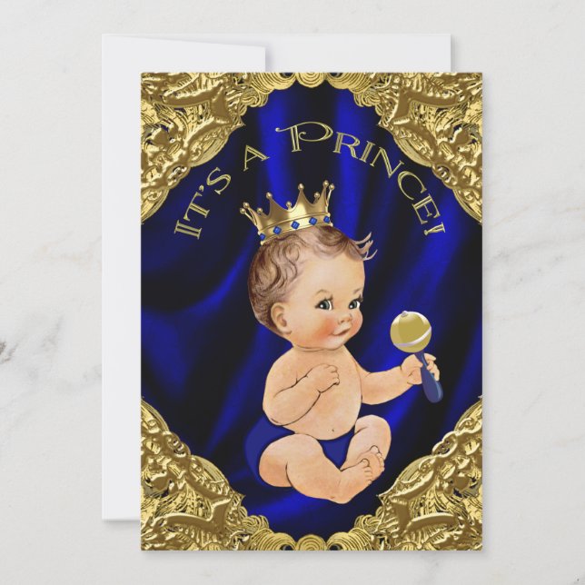 Royal Blue Gold Satin Prince Baby Shower Invitation (Front)