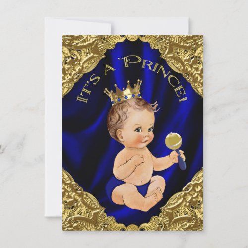 Royal Blue Gold Satin Prince Baby Shower Invitation