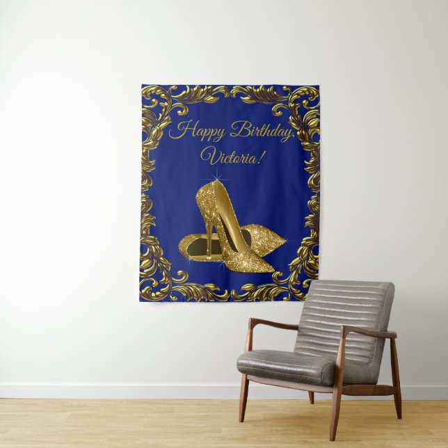 Royal Blue Gold Shoe Birthday Party M Backdrop (In Situ)