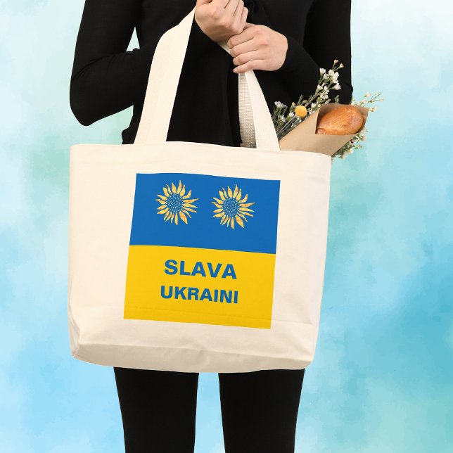 Royal Blue Gold "Slava Ukraini" Ukraine Support Large Tote Bag (Creator Uploaded)