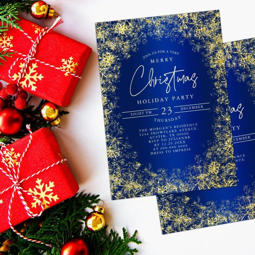 Royal Blue Gold Snowflakes Christmas Holiday Party Invitation