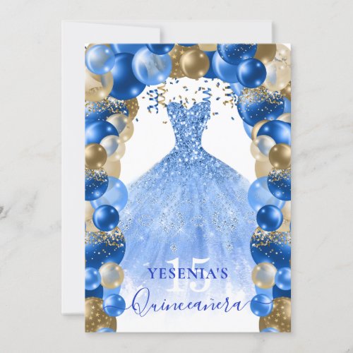 Royal Blue Gold Sparkle Dress Quinceaera Balloon Invitation