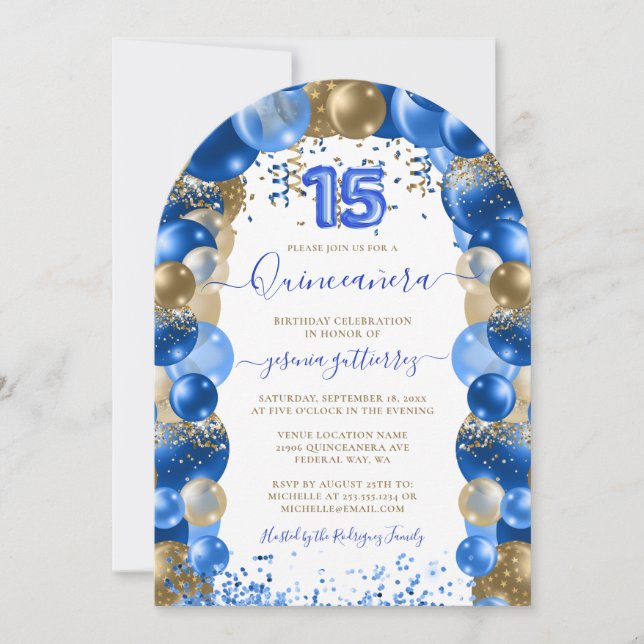 Royal Blue Gold Sparkle Quinceañera Balloon Invitation (Front)