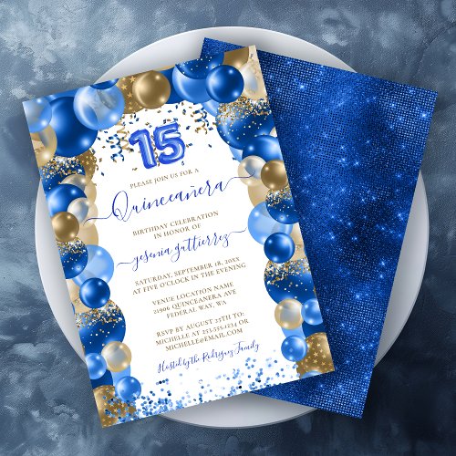 Royal Blue Gold Sparkle Quinceaera Balloon Invitation