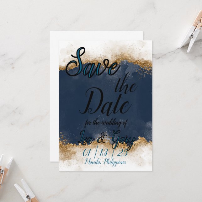 Royal Blue & Gold Stardust Save the Date Card (Front/Back In Situ)