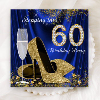 Royal Blue Gold Stepping Into 60 Birthday Party Invitation by Pure_Elegance at Zazzle