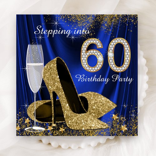 Royal Blue Gold Stepping Into 60 Birthday Party Invitation