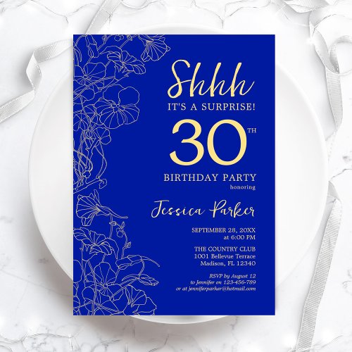 Royal Blue Gold Surprise 30th Birthday Invitation