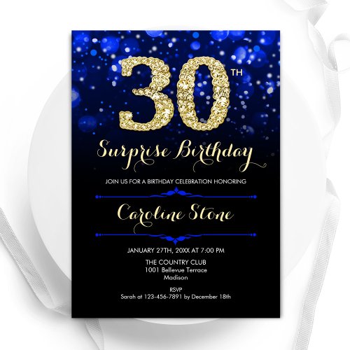 Royal Blue Gold Surprise 30th Birthday Invitation