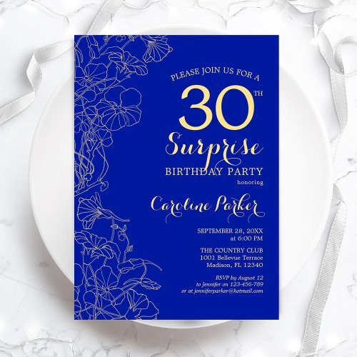 Royal Blue Gold Surprise 30th Birthday Party Invitation