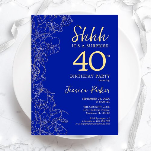 Royal Blue Gold Surprise 40th Birthday Invitation