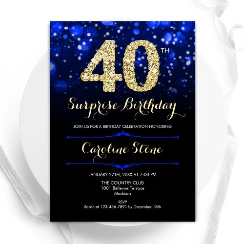 Royal Blue Gold Surprise 40th Birthday Invitation