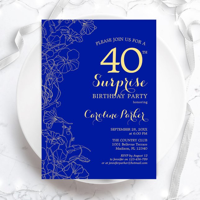 Royal Blue Gold Surprise 40th Birthday Party Invitation (Creator Uploaded)