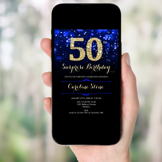 Royal Blue Gold Surprise 50th Birthday Invitation (Front Digital)