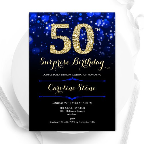 Royal Blue Gold Surprise 50th Birthday Invitation