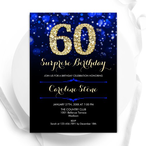 Royal Blue Gold Surprise 60th Birthday Invitation