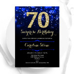 Royal Blue Gold Surprise 70th Birthday Invitation<br><div class="desc">Surprise 70th birthday party invitation. Elegant royal blue design with faux glitter gold. Features stylish diamonds, bokeh lights and script font. Men or women bday invite. Perfect for a stylish adult birthday party. Personalize with your own details. Message me if you need further customization. Printed Zazzle invitations or instant download...</div>
