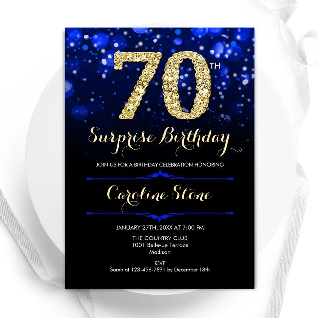 Royal Blue Gold Surprise 70th Birthday Invitation (Creator Uploaded)
