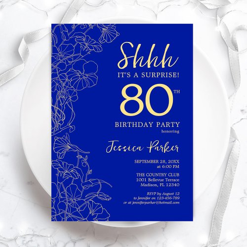Royal Blue Gold Surprise 80th Birthday Invitation