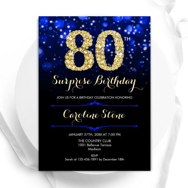 Royal Blue Gold Surprise 80th Birthday Invitation (Creator Uploaded)