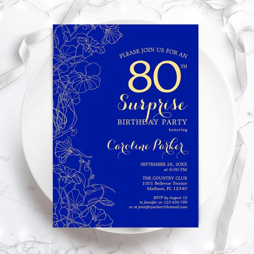Royal Blue Gold Surprise 80th Birthday Party Invitation