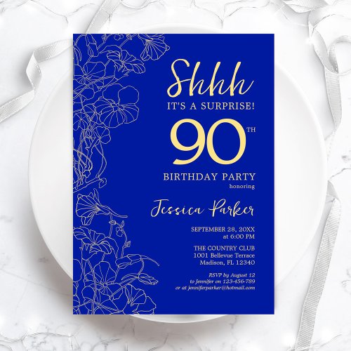 Royal Blue Gold Surprise 90th Birthday Invitation