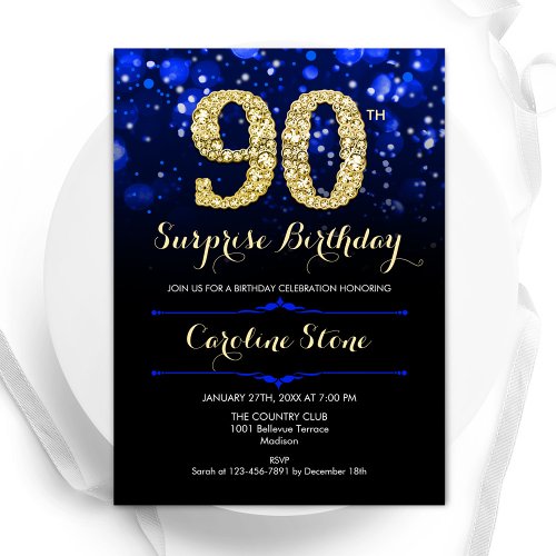 Royal Blue Gold Surprise 90th Birthday Invitation