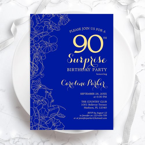 Royal Blue Gold Surprise 90th Birthday Party Invitation