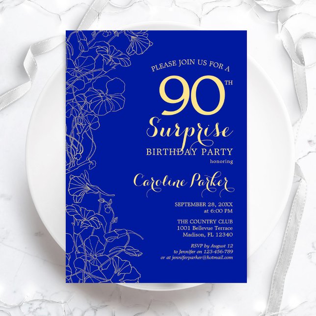Royal Blue Gold Surprise 90th Birthday Party Invitation (Creator Uploaded)