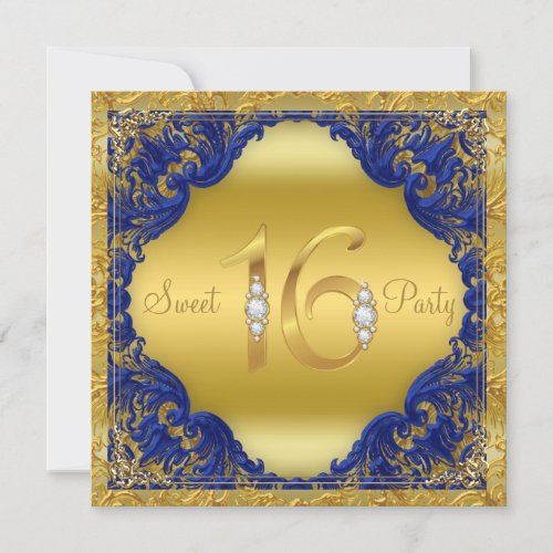 Royal Blue Gold Swirl Sweet 16 Party Invitation