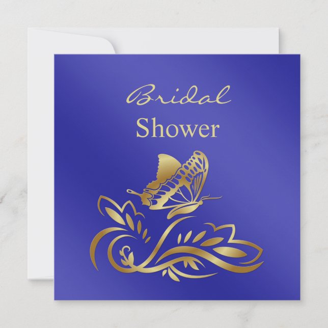 Royal blue & gold swirls, butterfly Bridal Shower Invitation (Front)