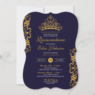Royal Blue & Gold Tiara Crown Elegant Quinceañera Invitation