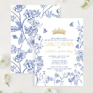 Royal Blue Gold Tiara Floral Butterfly Quinceañera Invitation